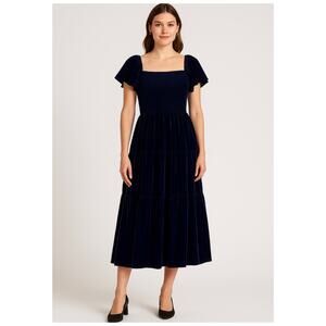 8 Oak Lane Womens Velvet Smocked Flutter Sleeve Midi Dress in Navy Size L $138